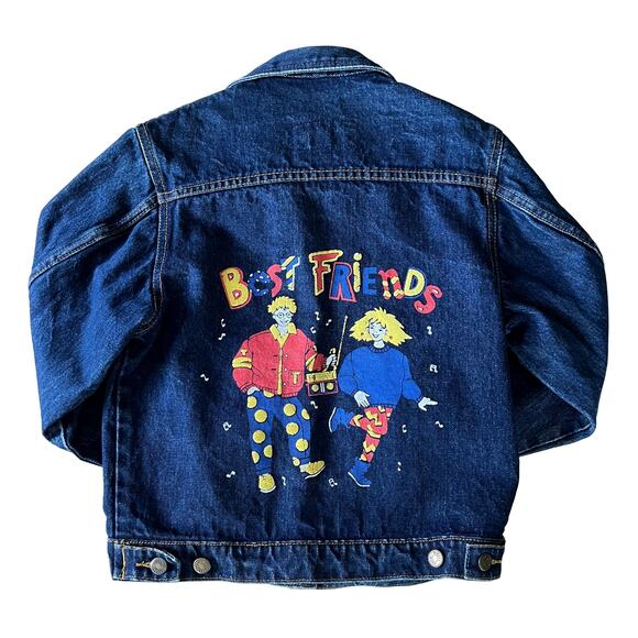 Vintage 80s Dark Wash Denim Best Friends Graphic Buttoned Jacket / XS - Picture 4 of 12
